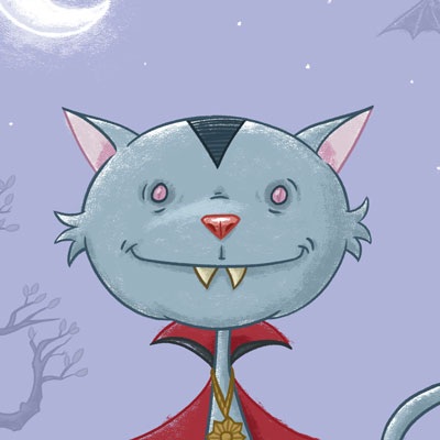 Barnboksillustration av vampyrkatten Misse